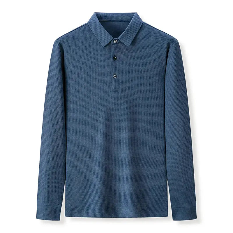 Men's blue textured long-sleeve business casual polo shirt by Simples Market