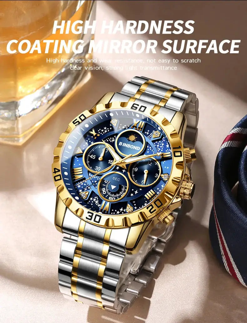 BINBOND men's two-tone stainless steel chronograph watch with blue dial