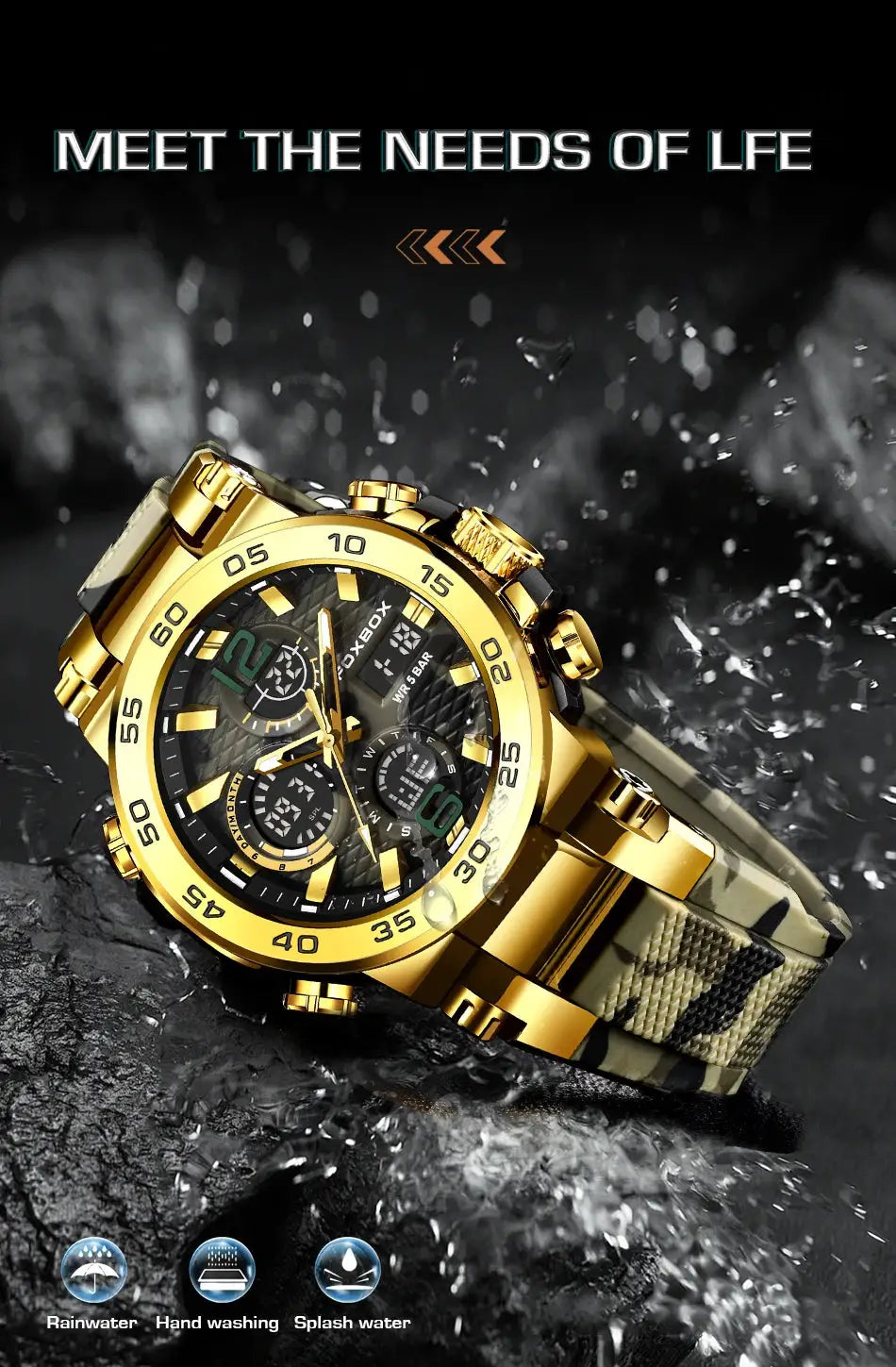 LIGE men's gold-tone waterproof electronic wristwatch with LED display, camouflage strap, black dial