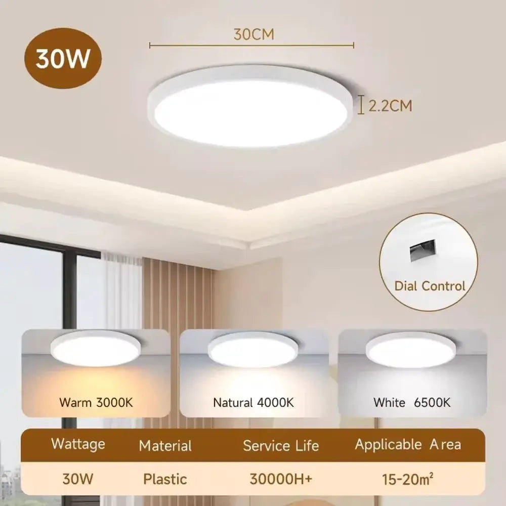 Led ceiling lamp modern round panel light, 30W, 30 cm diameter, plastic with dial control