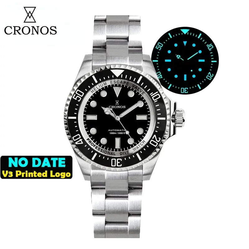Cronos automatic diving watch with stainless steel bracelet, black dial, luminous markers