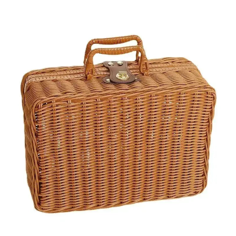 Rattan-like finishing box suitcase, natural brown woven basket with handle and latch.