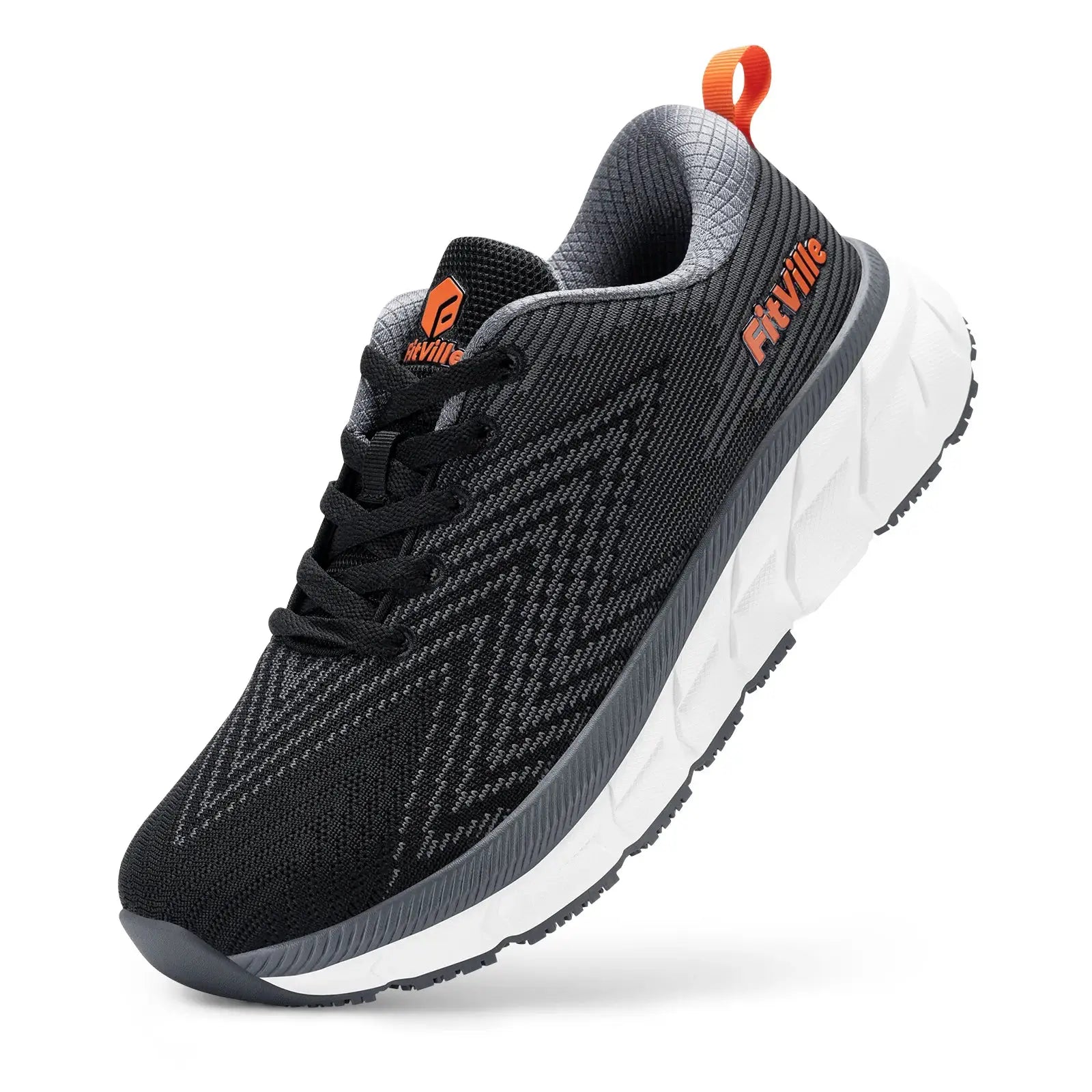 FitVille wide-toe athletic shoe for men, black knit upper with orange logo, cushioned non-slip sole and white midsole