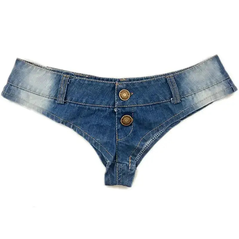 Denim thong shorts, blue wash with two front brass buttons, Simples Market.