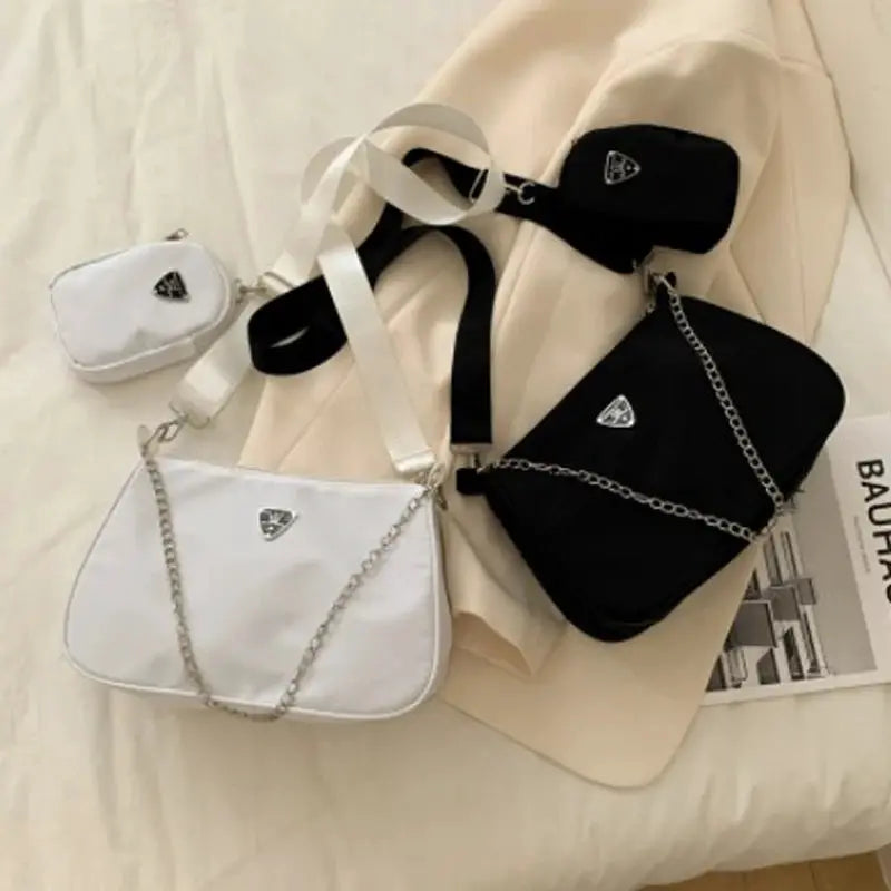 VoyageNyl Nylon Shoulder Bag Set Two Piece Solid Color Handbags With Chain Straps For Daily Use And Travel