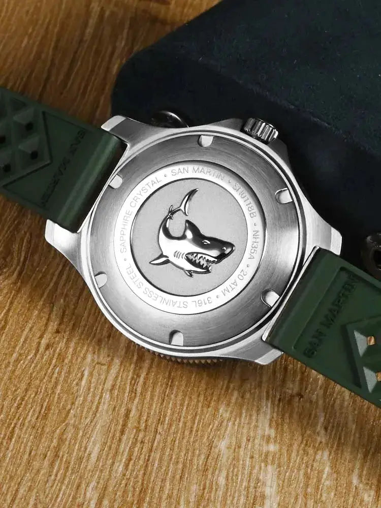 San Martin dive watch back with shark emblem, stainless steel 40mm case and green silicone strap