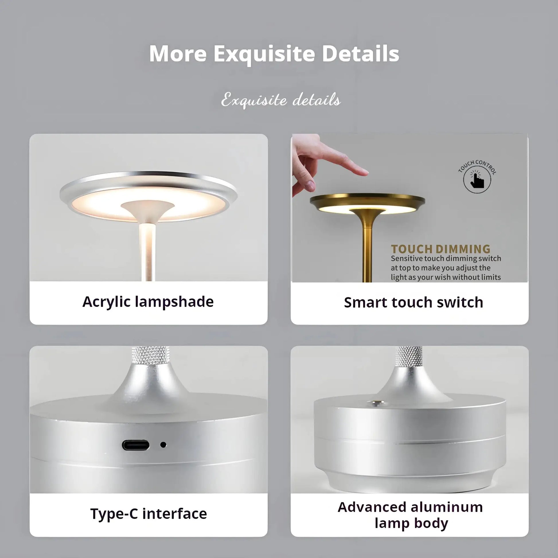 Simples Market wireless decorative table lamp with acrylic lampshade and aluminum body, touch dimming, USB-C.