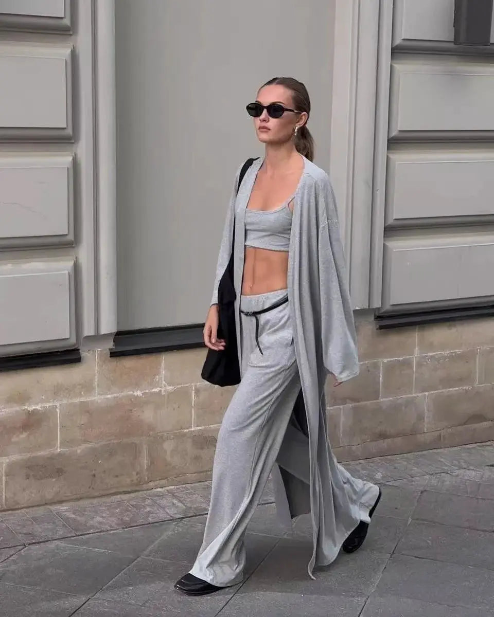 Modal Three Piece Women Set Long Sleeve Cardigan Vest High Waist Pants