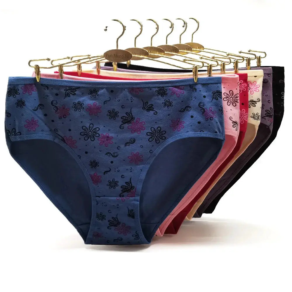Women's cotton briefs set, floral print, mid-rise, 6 pcs in multiple colors by Simples Market