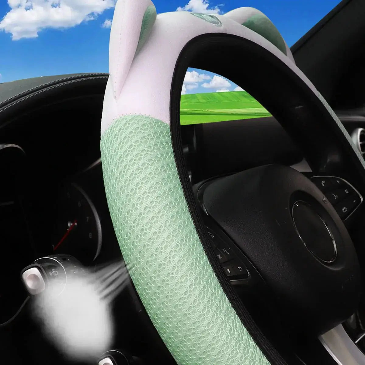Steering wheel cover by Simples Market, breathable mint green mesh with pink kitten ears; fits 14.5–15 inch
