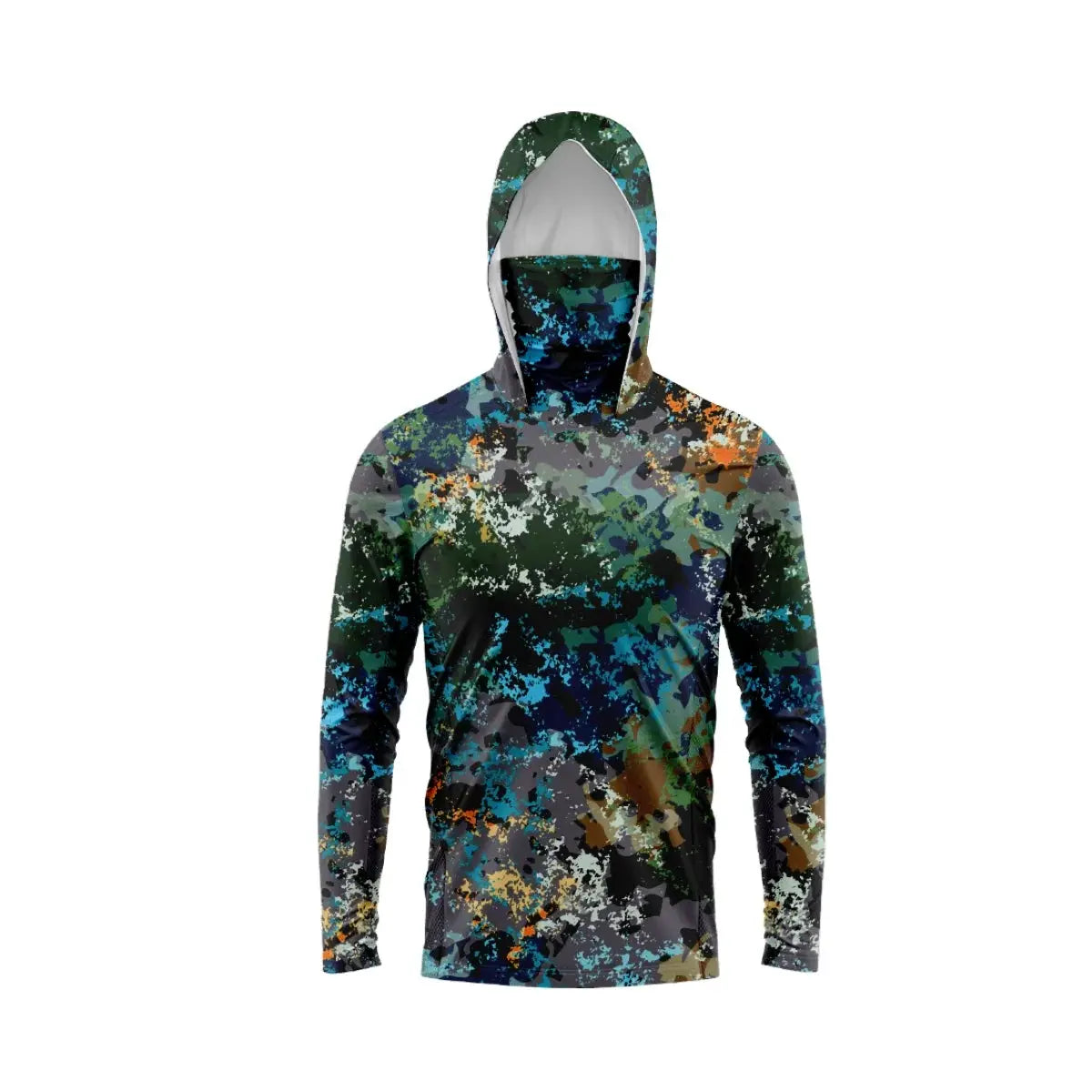 Men's hooded long-sleeve fishing shirt in multicolor camouflage print with UV protection
