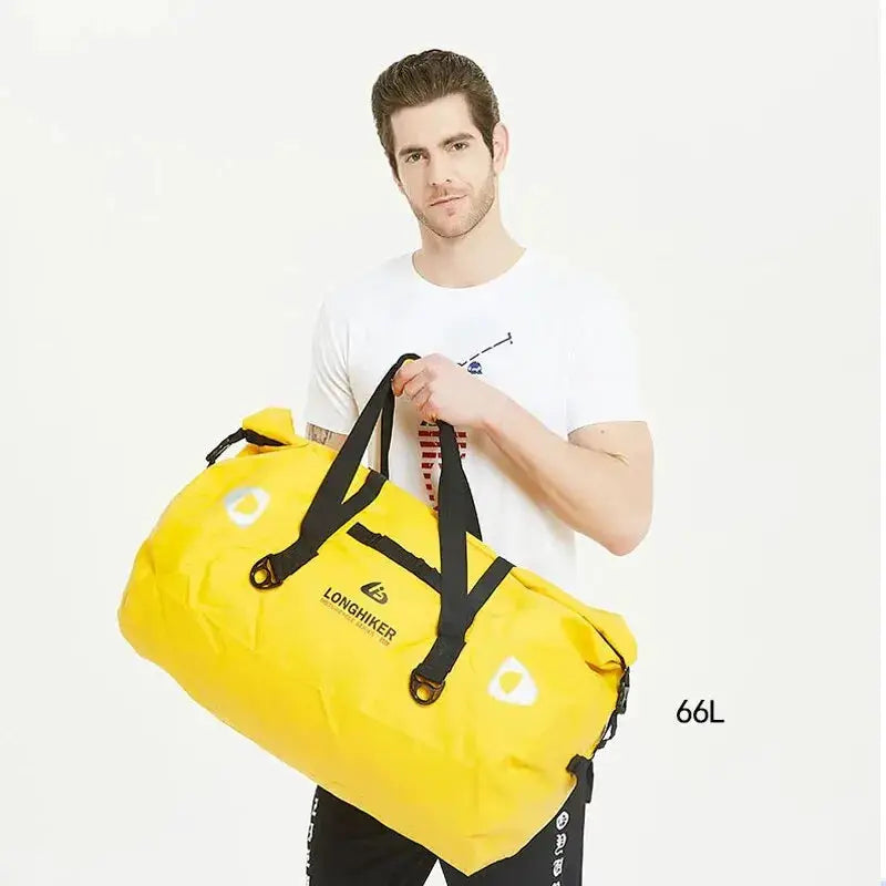 Duffle bag yellow waterproof with black handles, 66L capacity, Longhiker logo