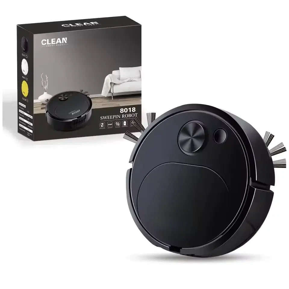Robot vacuum by Simples Market, black circular 3-in-1 with side brushes and packaging box