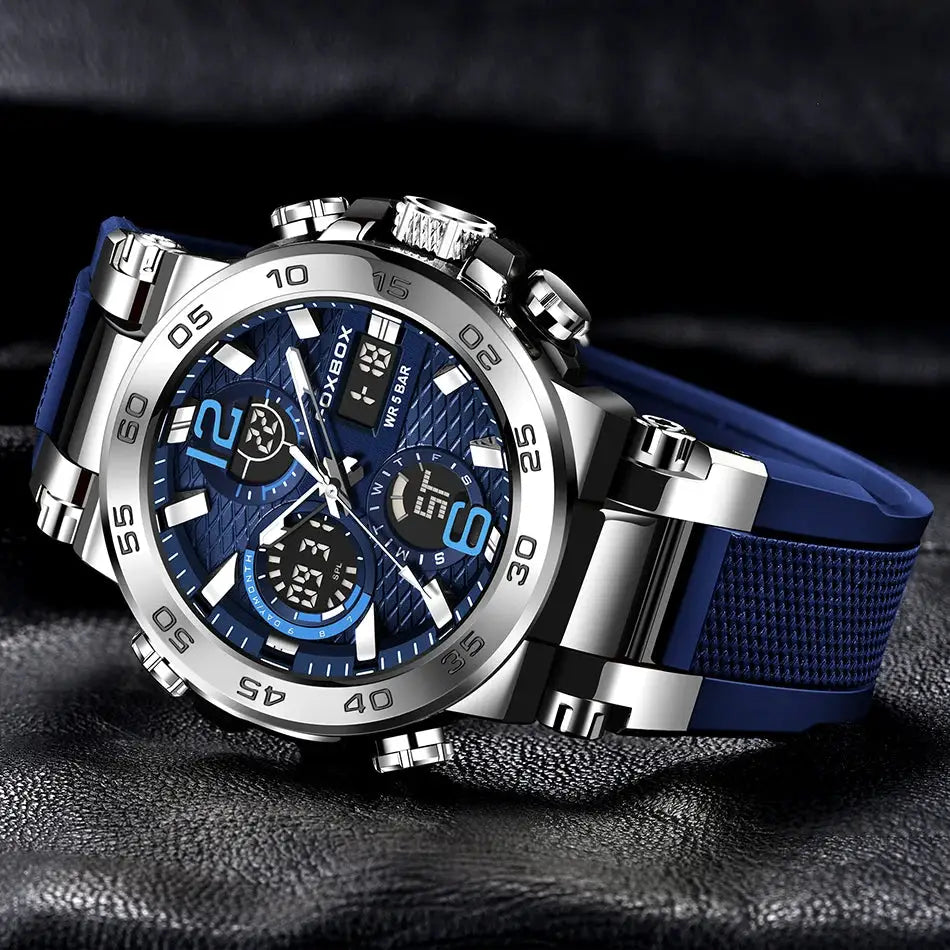 FOXBOX sport men's digital chronograph watch, blue dial with stainless steel case and blue strap