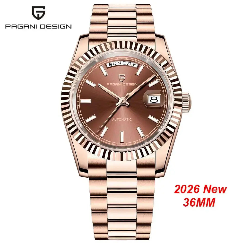 Pagani Design men's rose-gold automatic watch with brown dial and day/date window