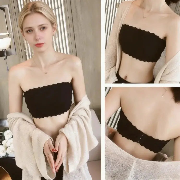 Simples Market strapless black lace bandeau bra, seamless and breathable with scalloped edge; front, side and back views