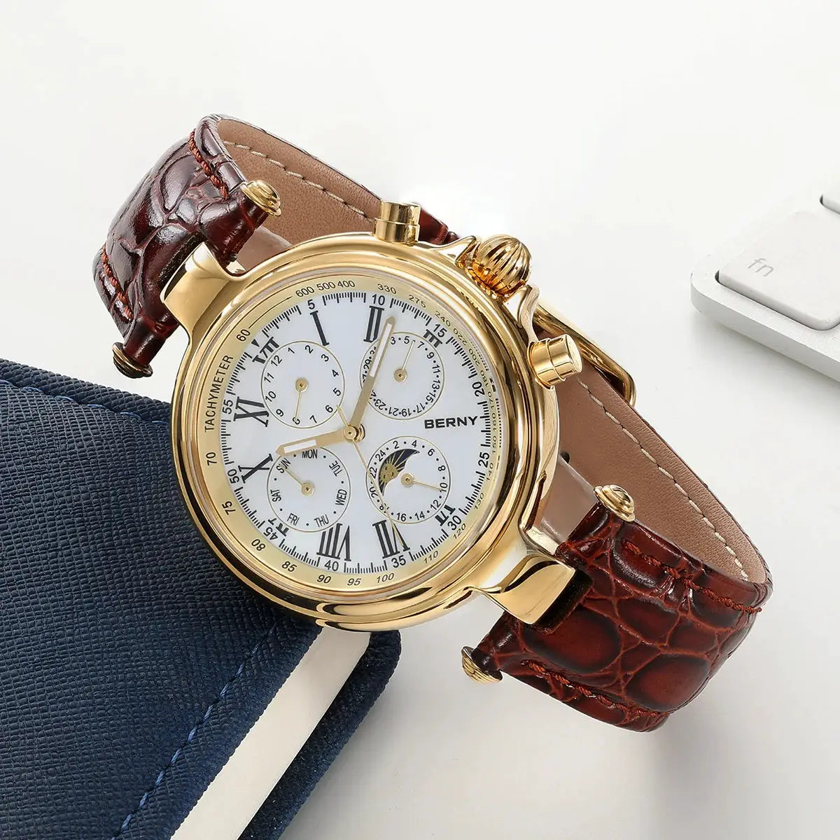 BERNY retro automatic men's watch with sun & moon phase, gold-tone case, brown leather strap.