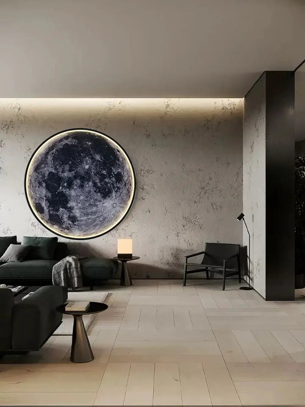 LED moon wall lamp with warm halo, a circular night light mounted on a textured gray wall