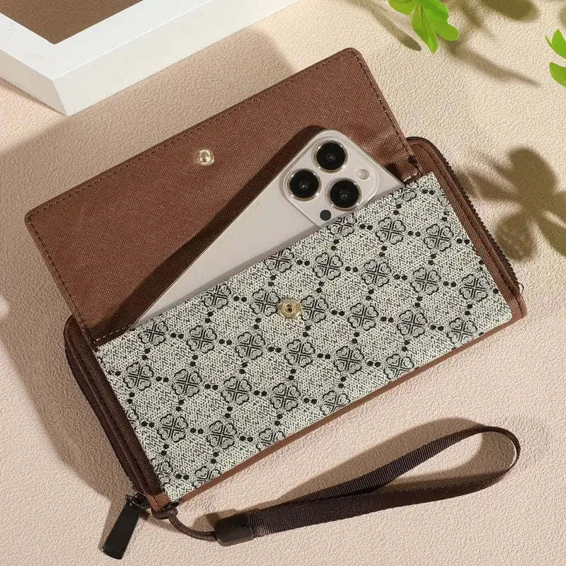 Men's faux leather wallet with double-layer design, snap closure and zippered card holder; brown and beige