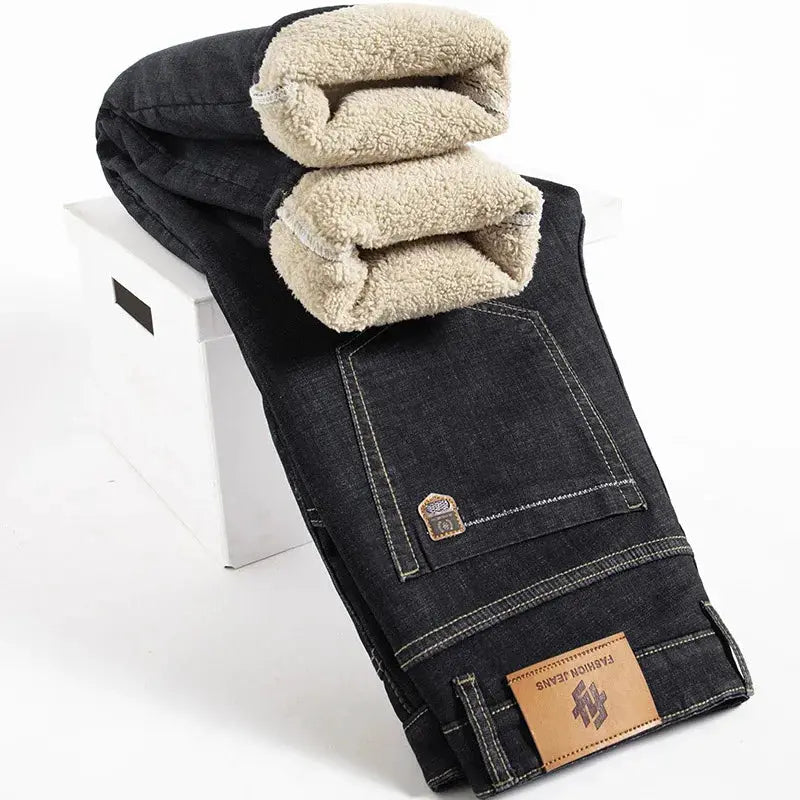Men's Fleece Lined Denim Jeans Winter Warm Straight Fit High Waist Stretch Vaqueros Size 40
