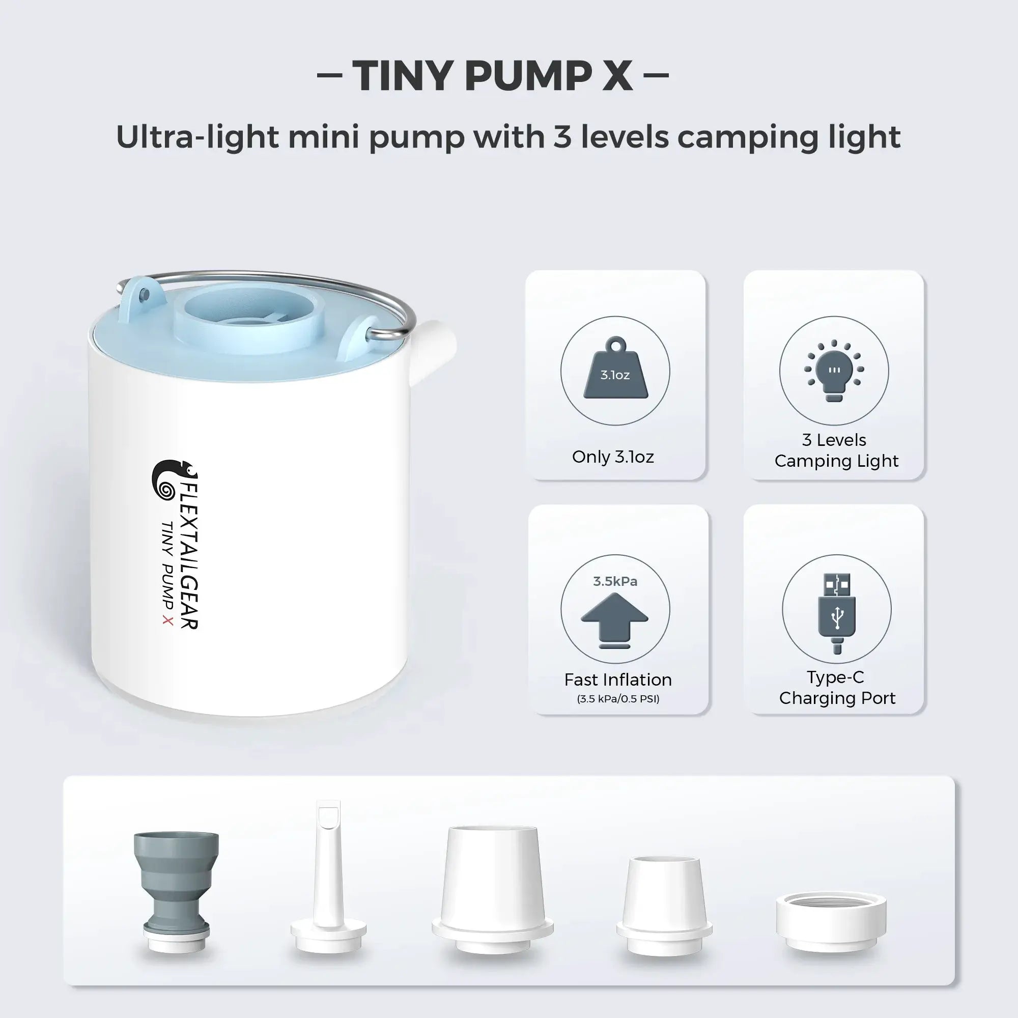 FLEXTAIL Portable Air Pump by Simples Market; white body with blue accents and built-in camping light