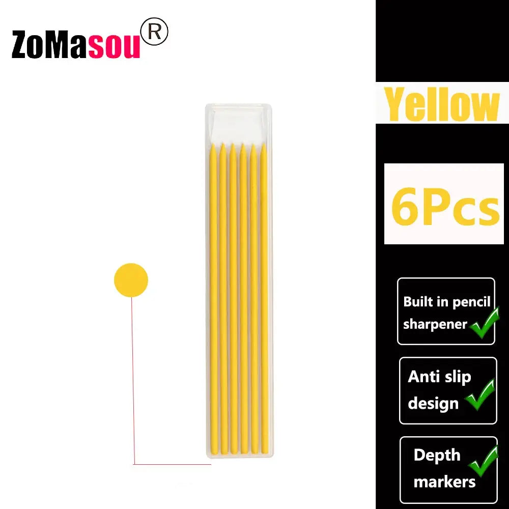 Carpenter pencils 6-pack in yellow with built-in sharpener and depth markers, ZoMaSou.