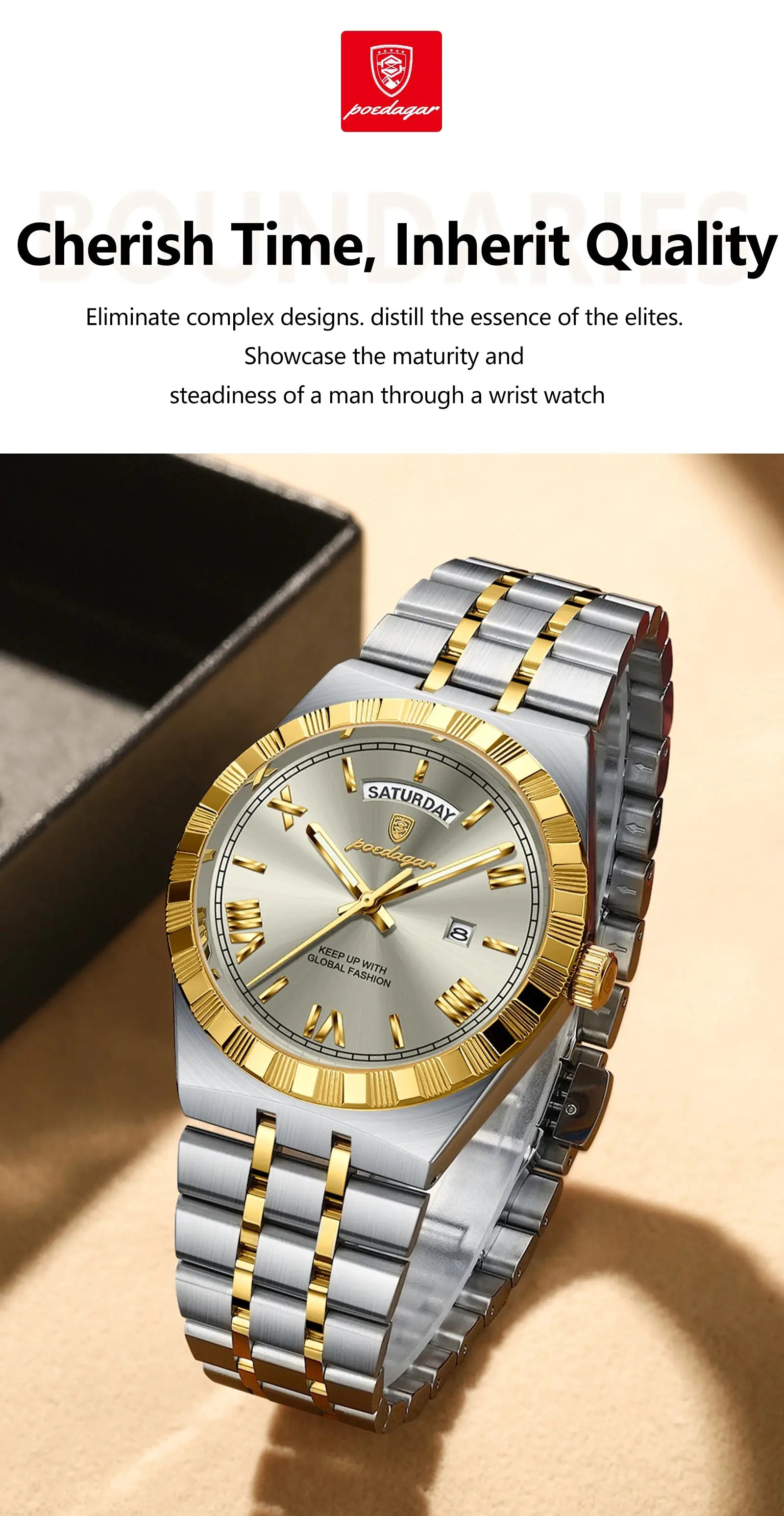 POEDAGAR men's fashion watch, two-tone stainless steel bracelet with gold bezel and day-date dial