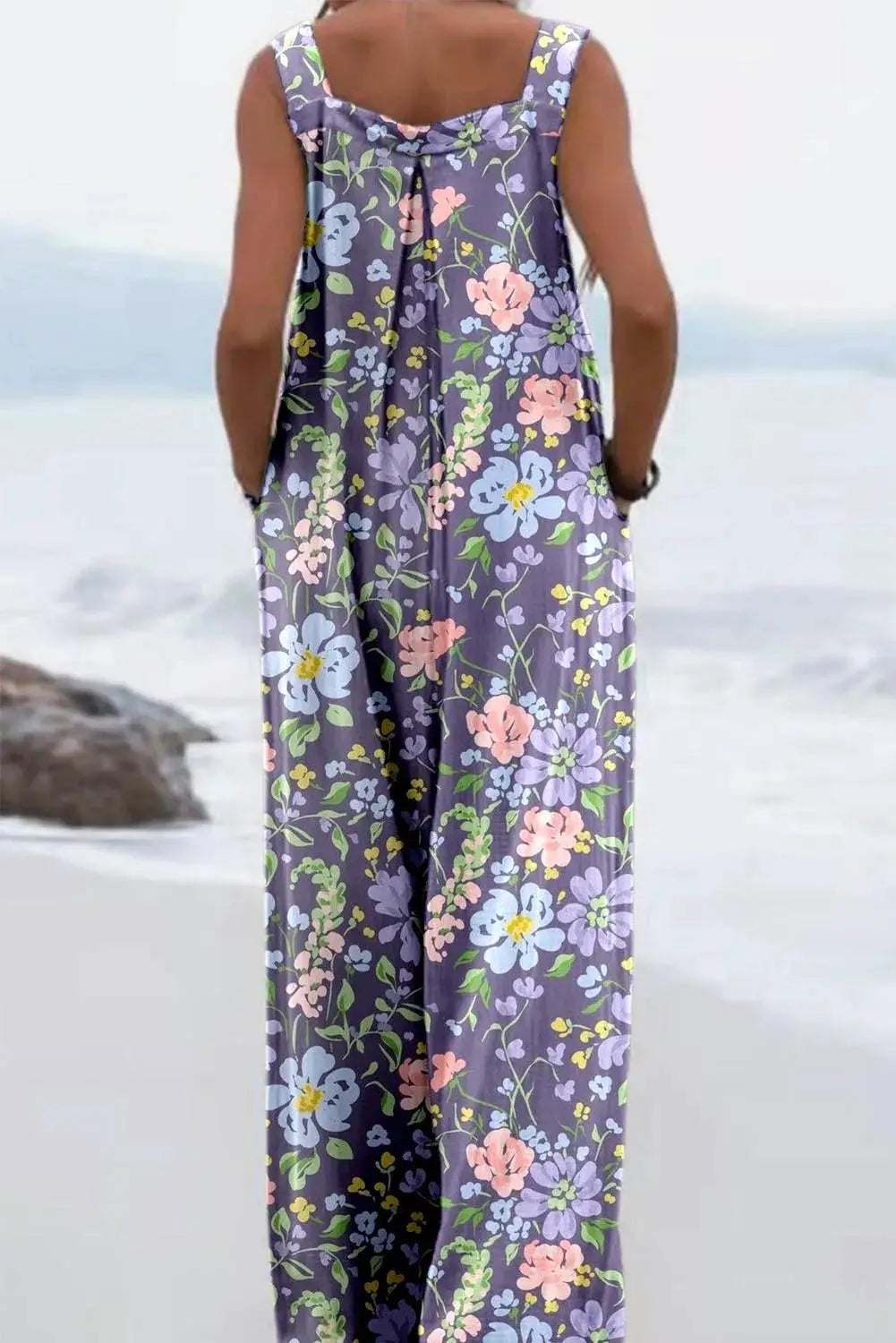 Purple floral print sleeveless wide-leg jumpsuit for women with a loose fit