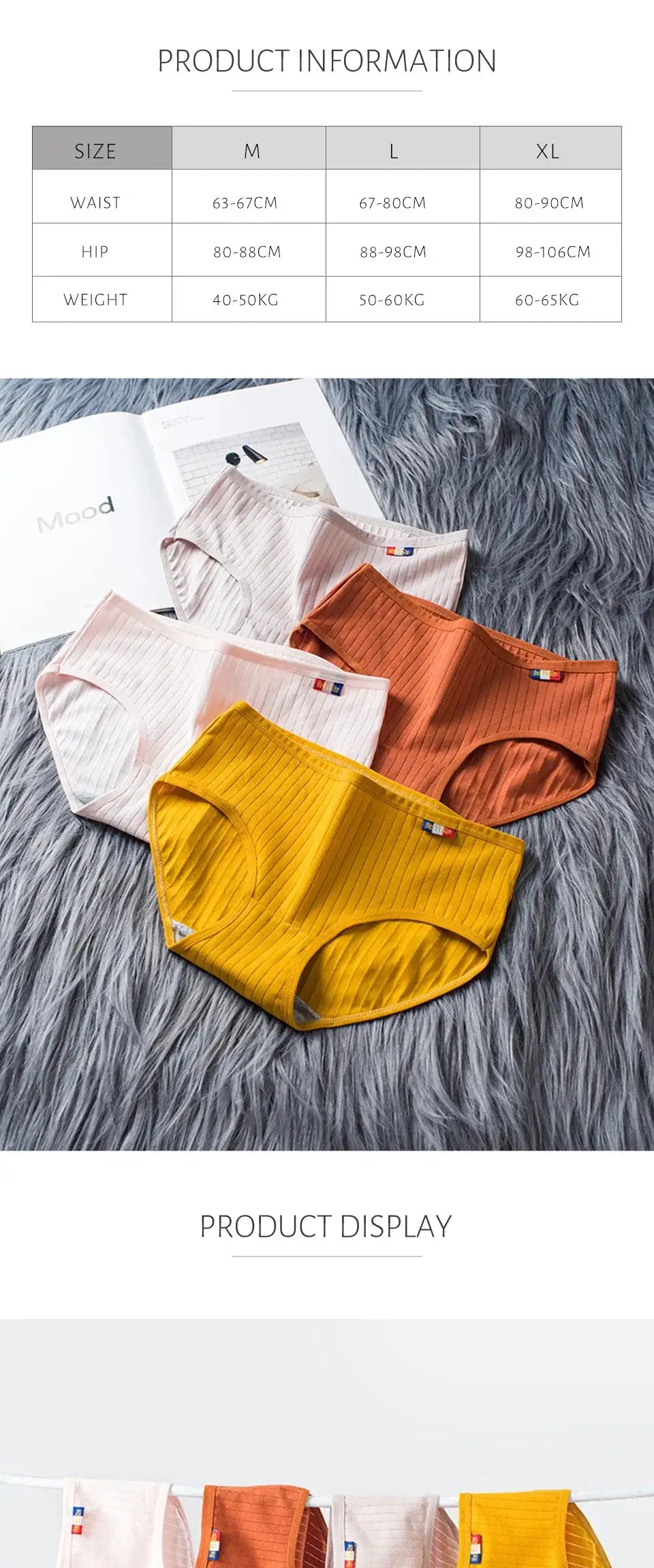 5-pack women's cotton seamless panties by Simples Market in pink, white, yellow, orange and mustard.