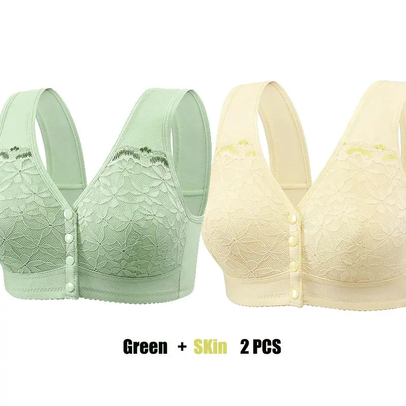 Simples Market lace front-closure bra set, green and pale yellow, 2 pcs, cotton comfort