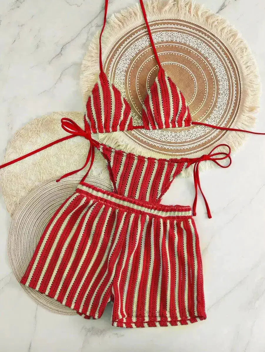 three-piece red striped bikini set with lace-up neck top and high-waist shorts