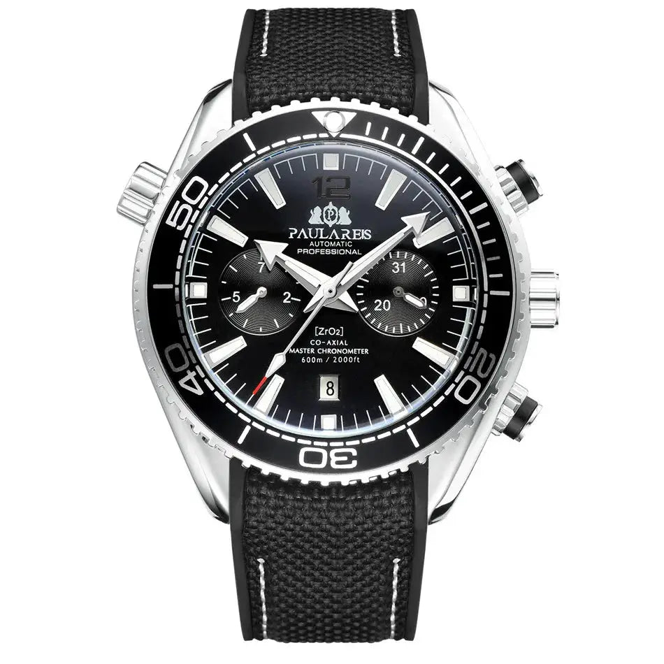 Paulareis P Luxury men's automatic watch with black dial, stainless steel case, and rubber strap