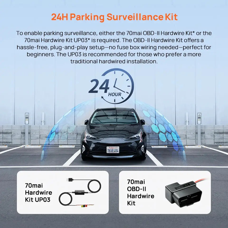70mai Dash Cam M310 Plus 2K car DVR with 24H Parking Surveillance Kit; two hardwire kits UP03 & OBD-II.