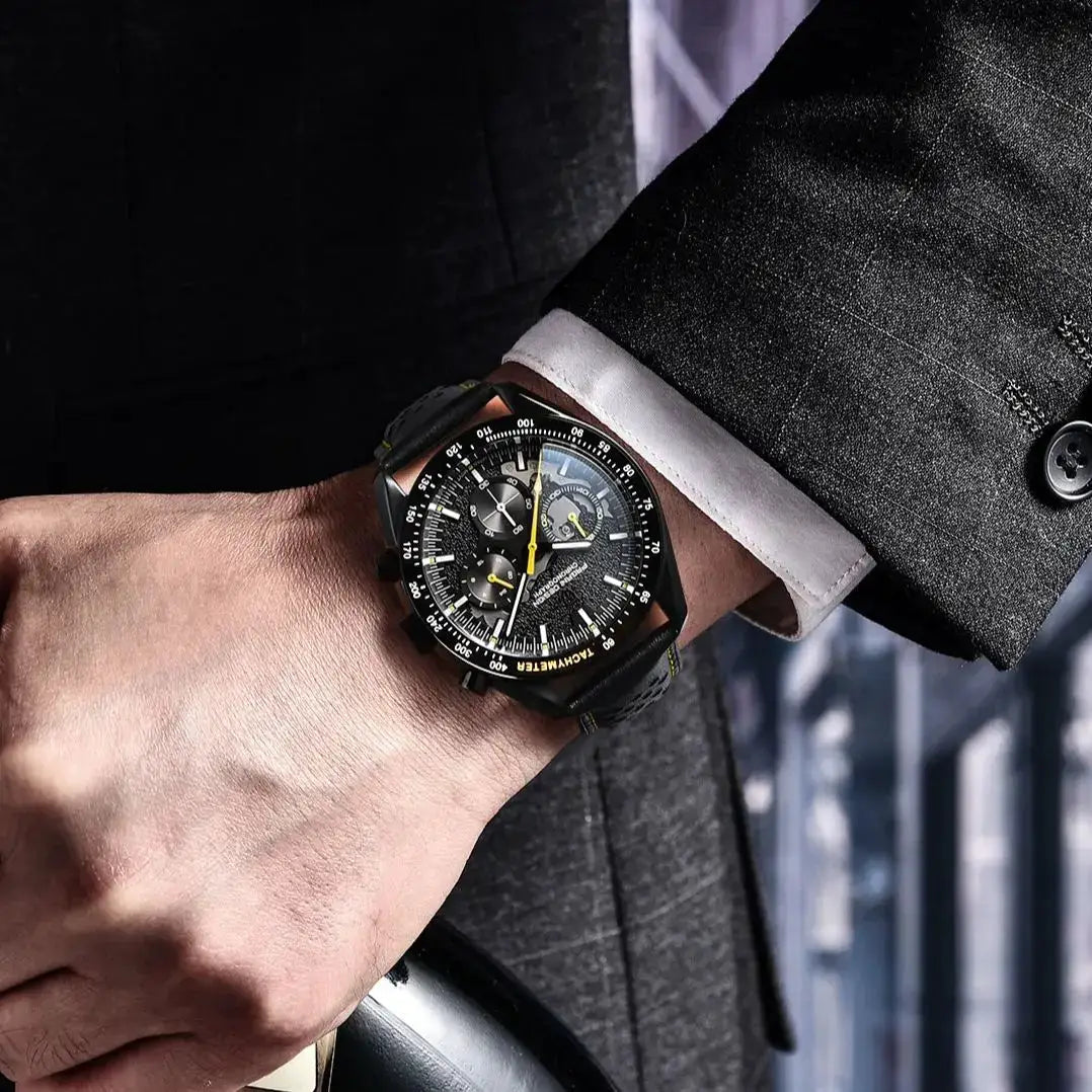 Pagani Design men's black skeleton chronograph watch on black strap