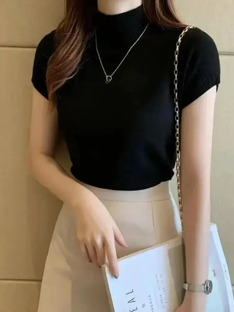 LunaVogue Women Half High Neck Tee Fashion Jumper Lightweight Chiffon Blend Breathable Spring Summer Style