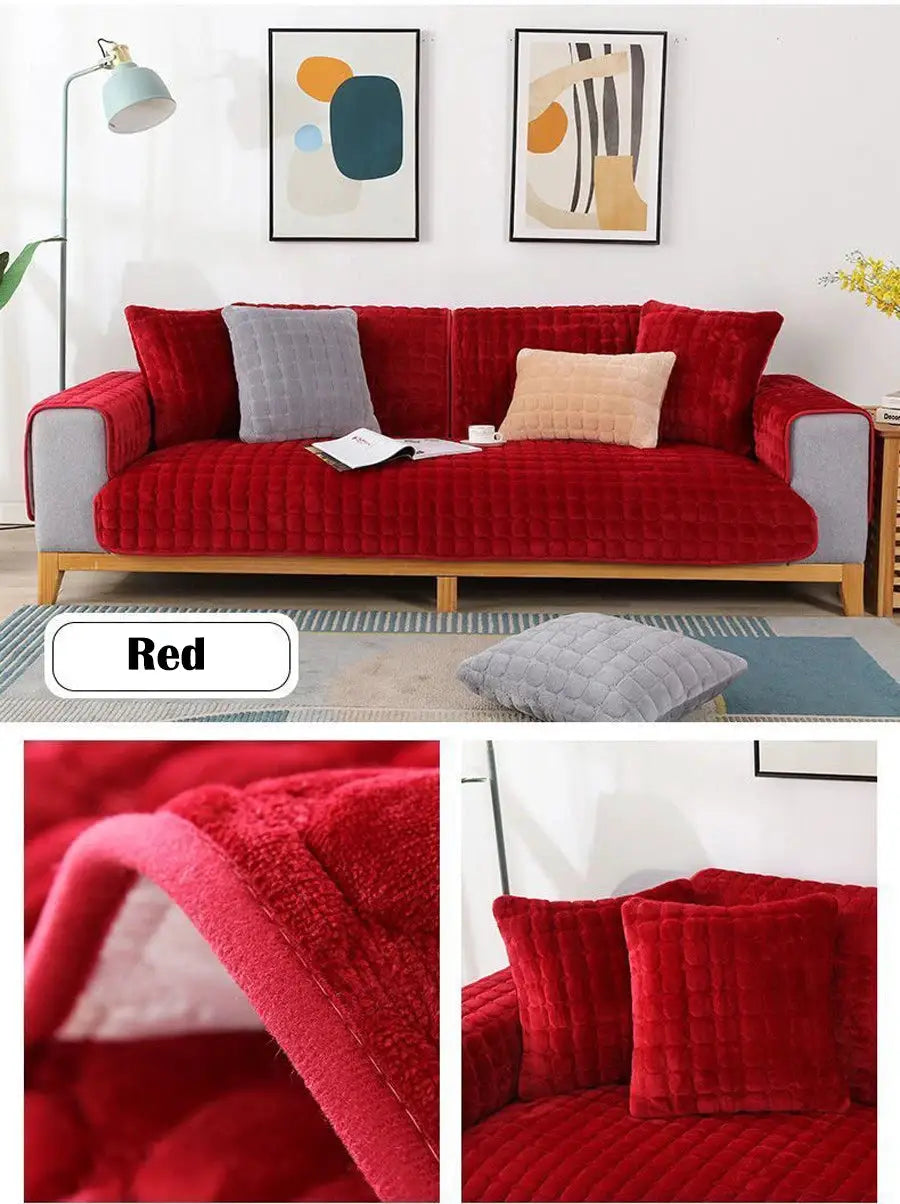 Velvet sofa cover, red plaid quilted plush, non-slip thickened design by Simples Market