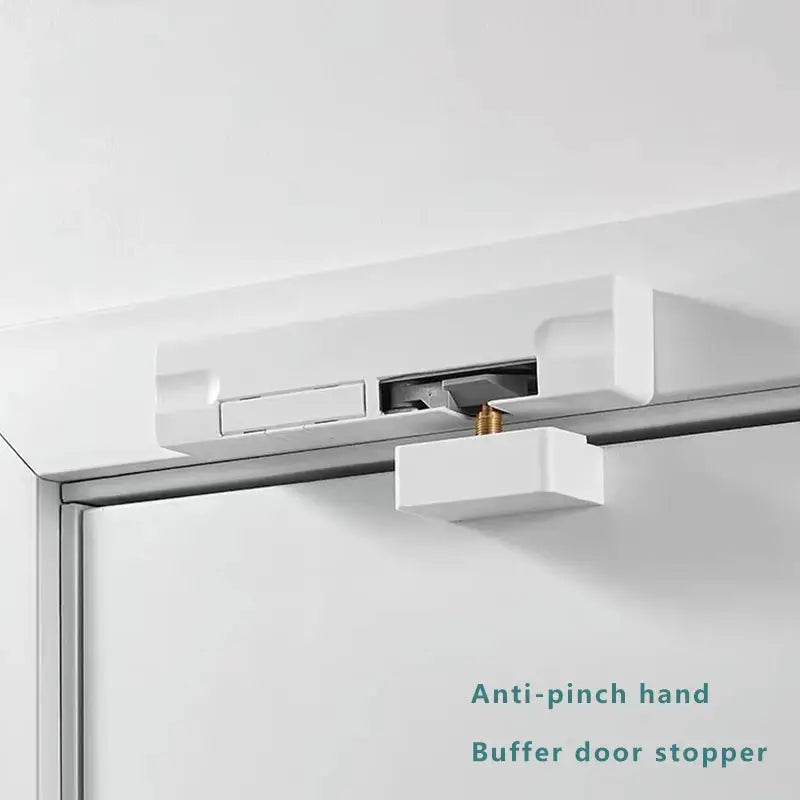 White hydraulic door closer with buffer stopper for wooden doors; anti-pinch and silent automatic closing