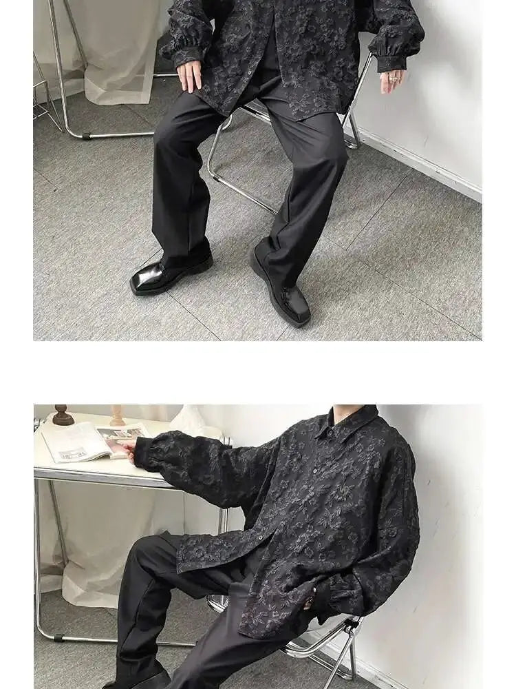 Black jacquard shirt with bat-wing sleeves, loose fit