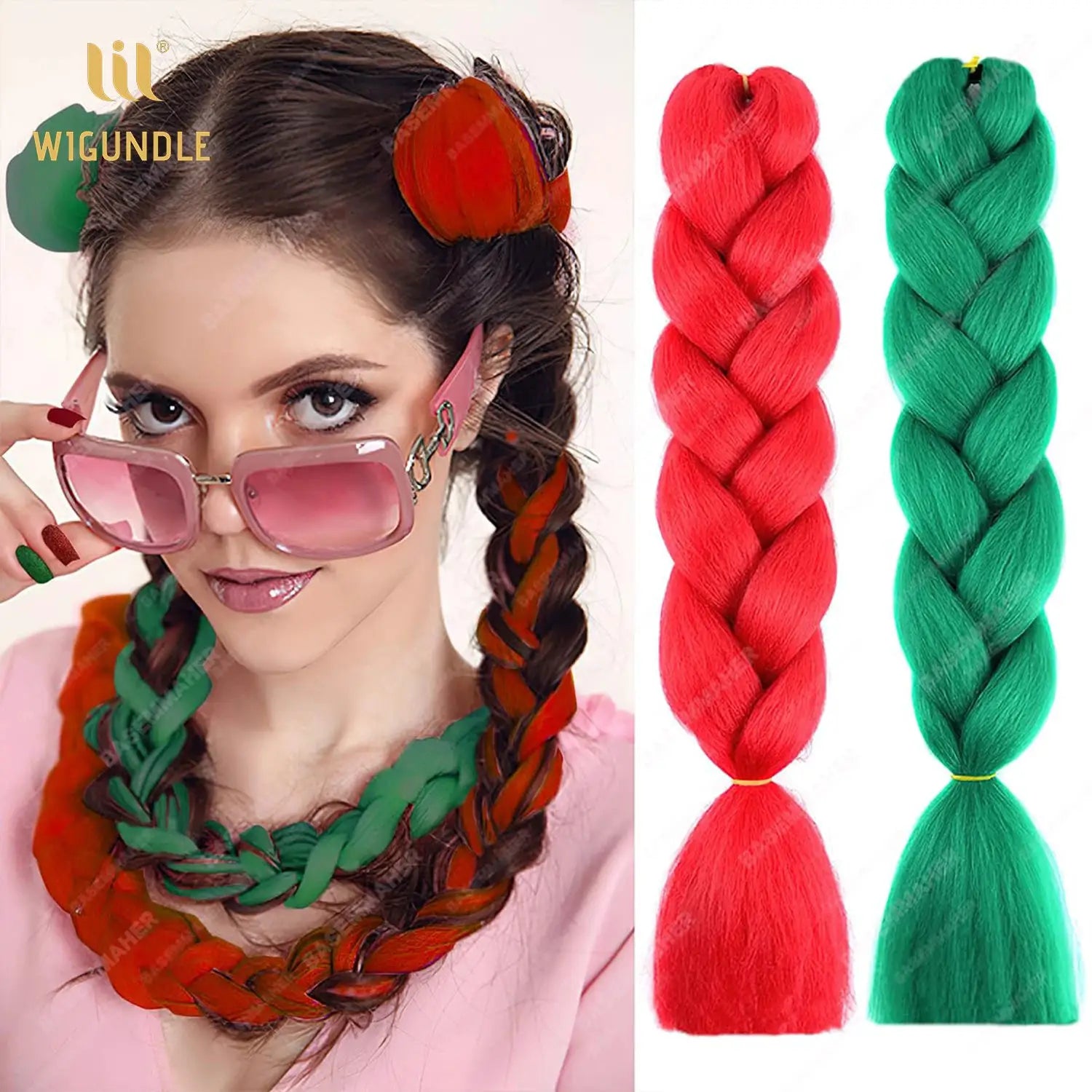 Long 24-inch jumbo braid extensions in red and green Kanekalon synthetic hair by Simples Market.