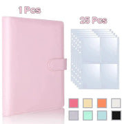 Pink PU leather A5 binder with 6 rings and 4-pocket sleeves, includes 25 sleeves
