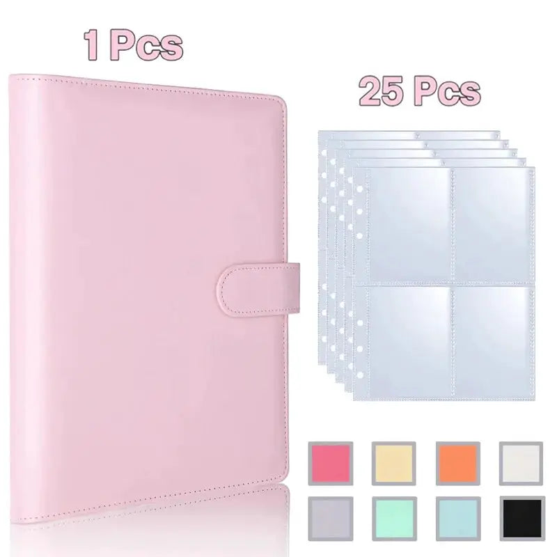 Pink PU leather A5 binder with 6 rings and 4-pocket sleeves, includes 25 sleeves