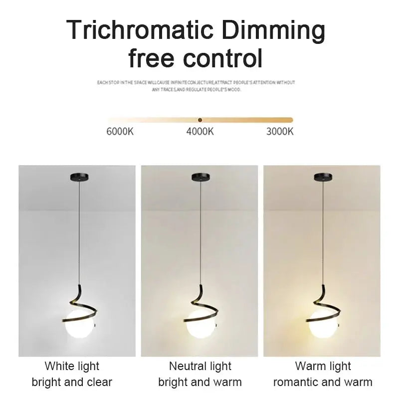 Nordic LED pendant light by Simples Market; black canopy, spiral globe, shown in three color temperatures