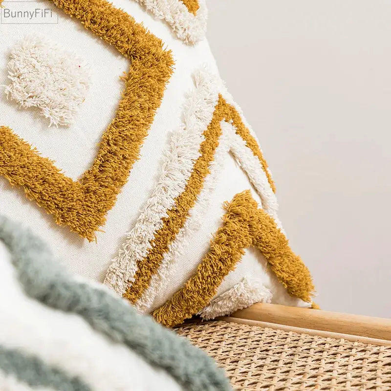 Boho tufted pillow cover with mustard yellow diamond pattern on white fabric, decorative throw pillow for sofa.