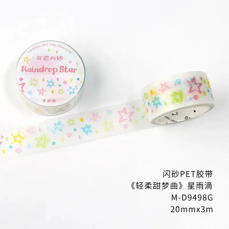 Decorative PET tape roll with a pastel star pattern; 20mm x 3m, ideal for junk journaling and scrapbooking.