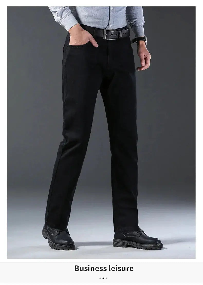 Men's black slim straight jeans, breathable stretch denim, Simples Market