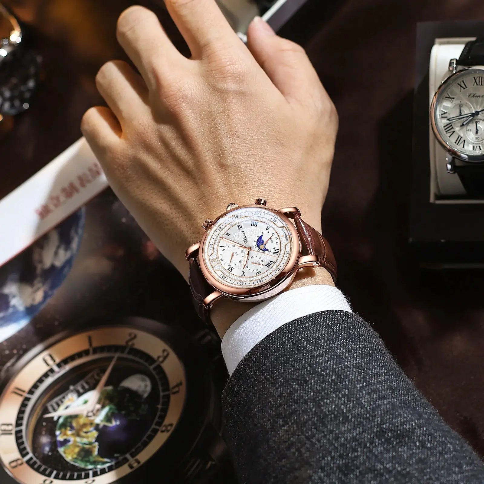 Chenxi 976 leather chronograph watch for men, rose-gold case, white dial, Roman numerals, moon phase, leather strap