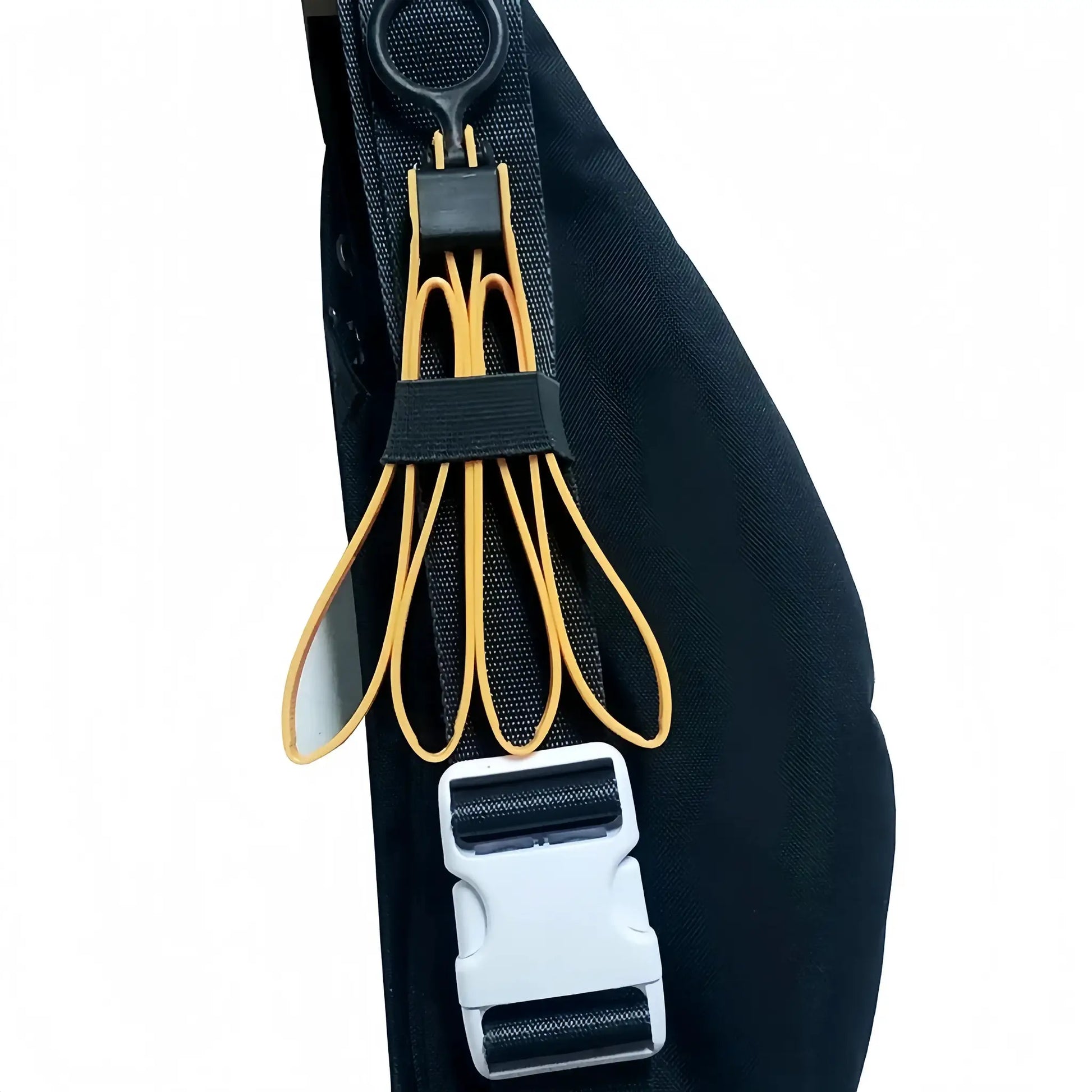 Tactical plastic restraint cable ties; handcuff-style restraints with yellow loops on a black strap and white buckle.