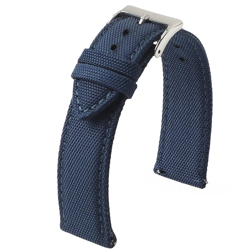 Navy blue two-sided sailcloth nylon watch strap with silver buckle for men