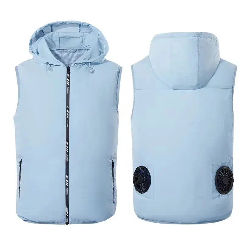 Simples Market outdoor cooling vest with hood, light blue, front zip, built-in fans