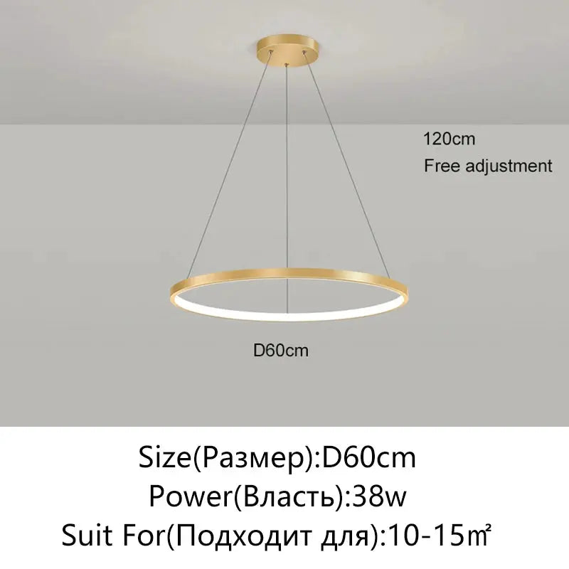 Simples Market modern round LED pendant light, gold ring, 60cm diameter, 120cm adjustable height